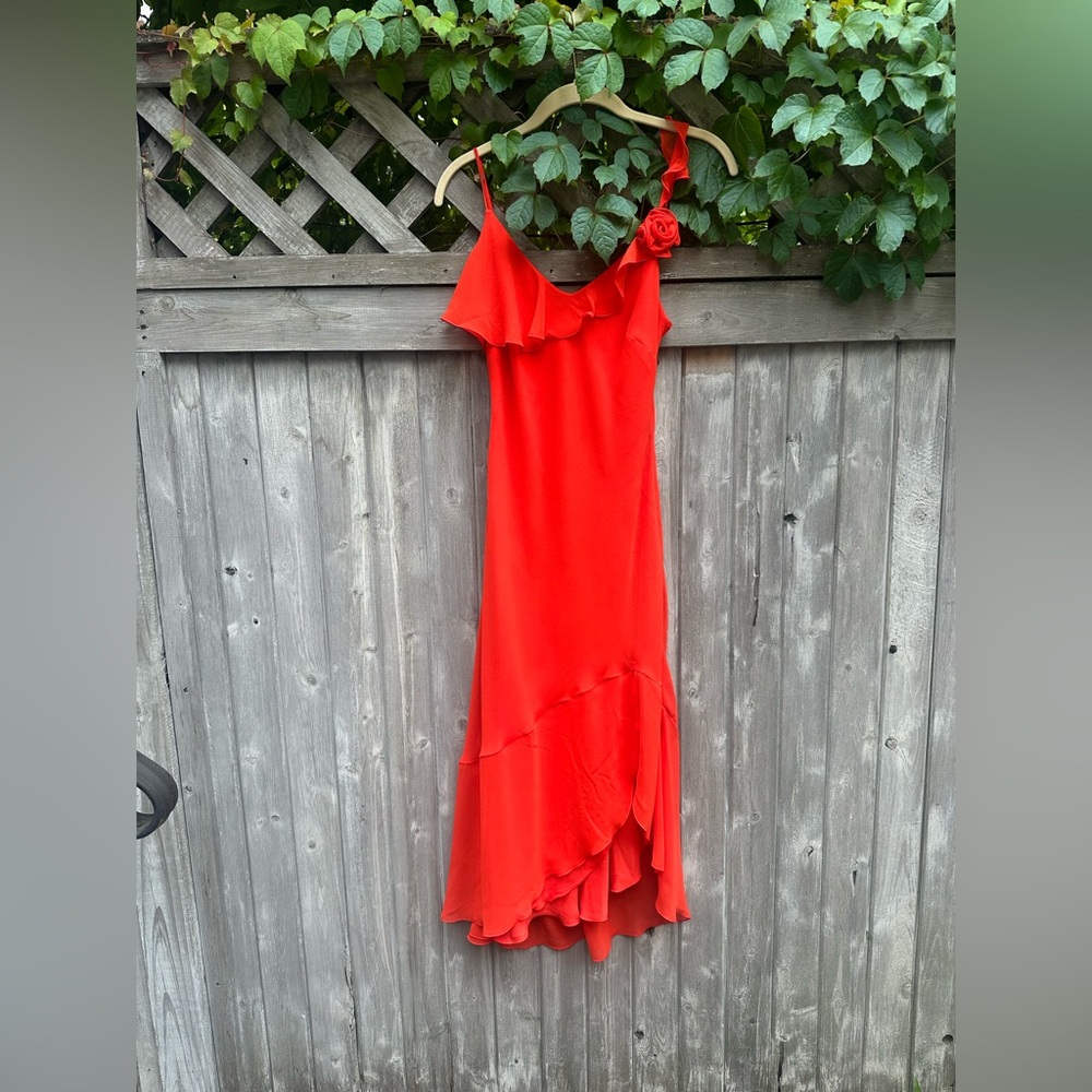 Aritzia Wilfred Engage Dress Red/Orange Rosette Ruffle Asymmetrical Slip Dress - Picture 8 of 13
